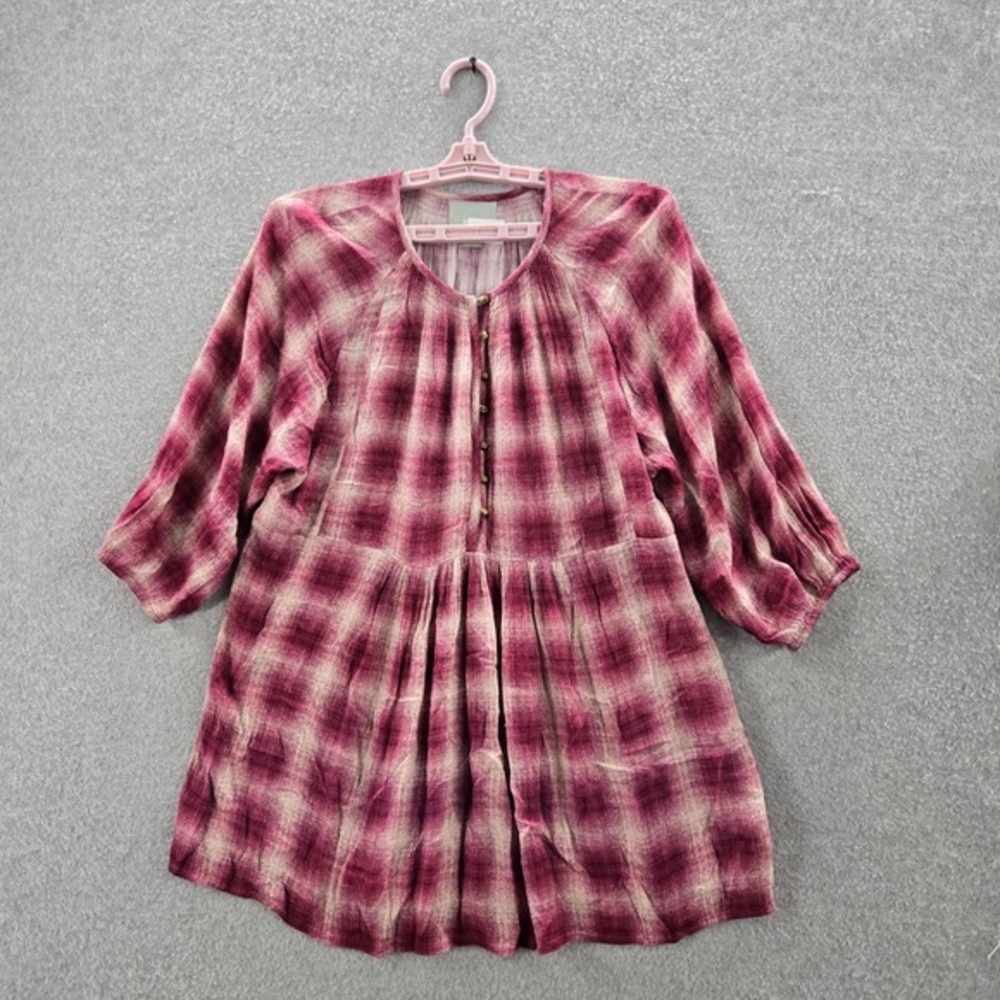 Maeve Anthropologie Women Blouse XS Pink Plaid Button Round Neck Front